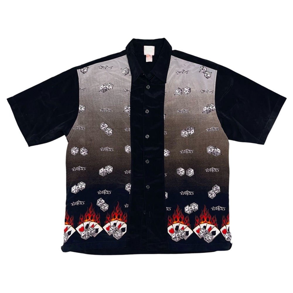 Vintage JNCO Gambling Dice Cards Flame Graphic Button Down Shirt Black Grey XL